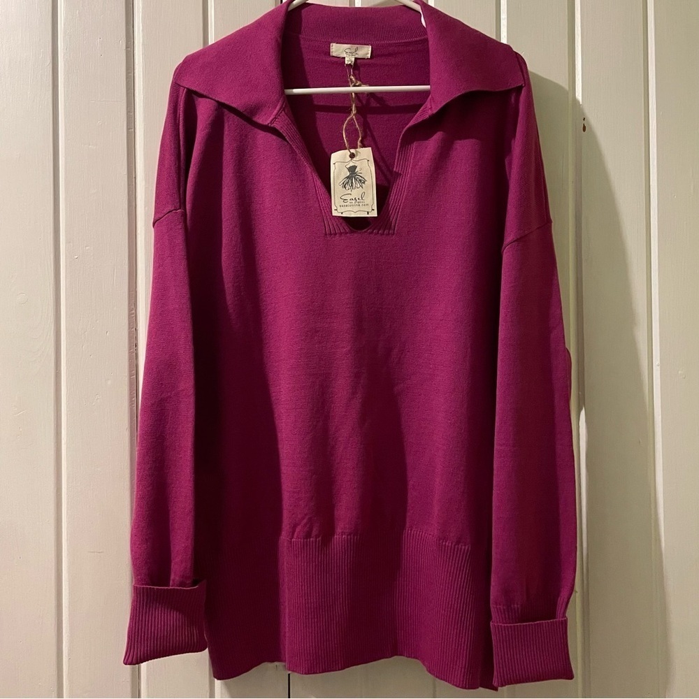 EASEL v-neck collared fushia sweater-large NWT